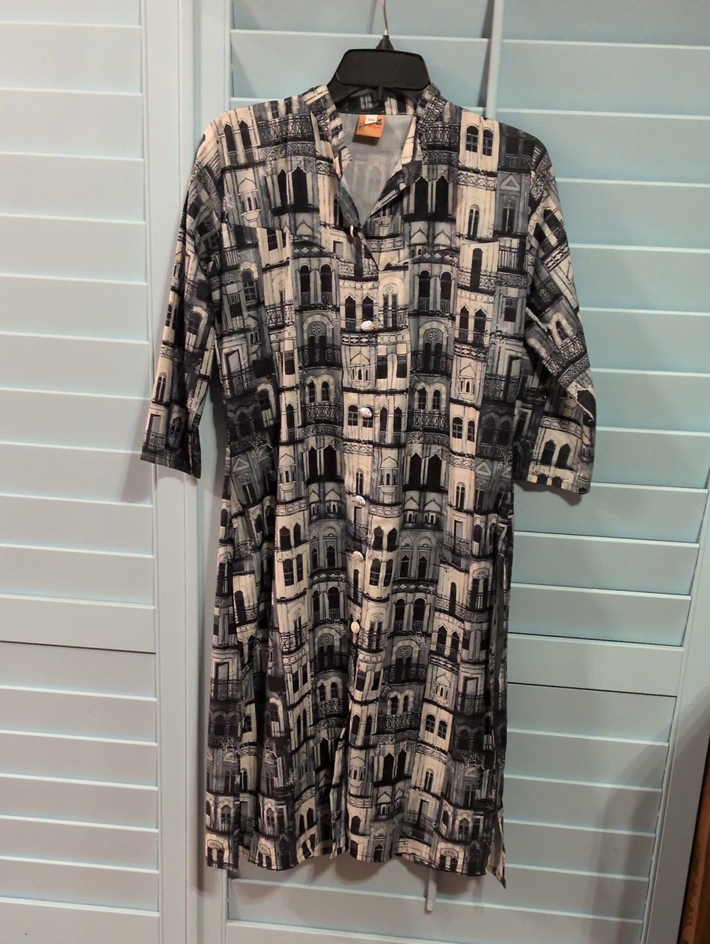 Black & White Architectural Print Long Sleeve Women's Dress